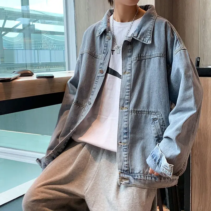 

Мужская джинсовая куртка с лацканами в стиле ретро, дешевая цена, стильная японская одежда по самой низкой цене, эстетичная джокерская одежда, низкий размер L, мужские джинсовые пальто