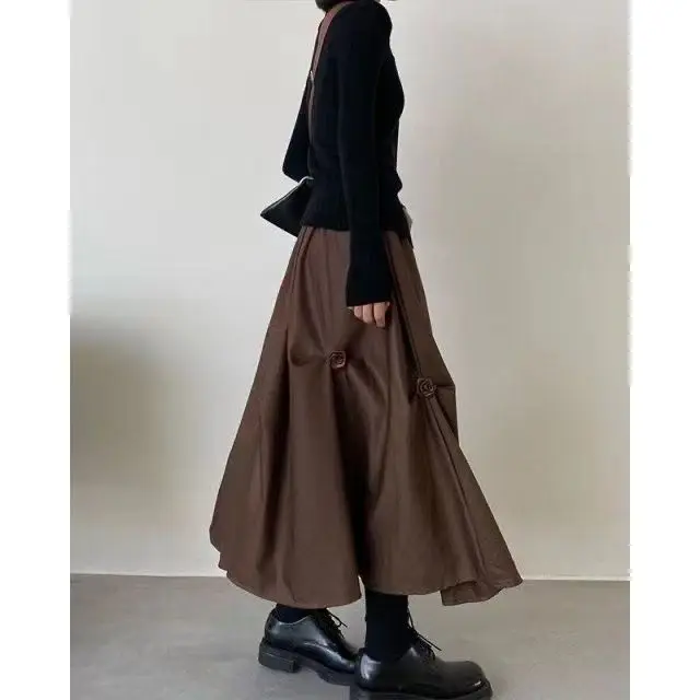 Damska spódnica midi w kwiaty 3D z wysokim stanem, w kształcie litery A, asymetryczna, plisowana, rozkloszowana, w stylu koreańskim, na wiosnę i jesień.