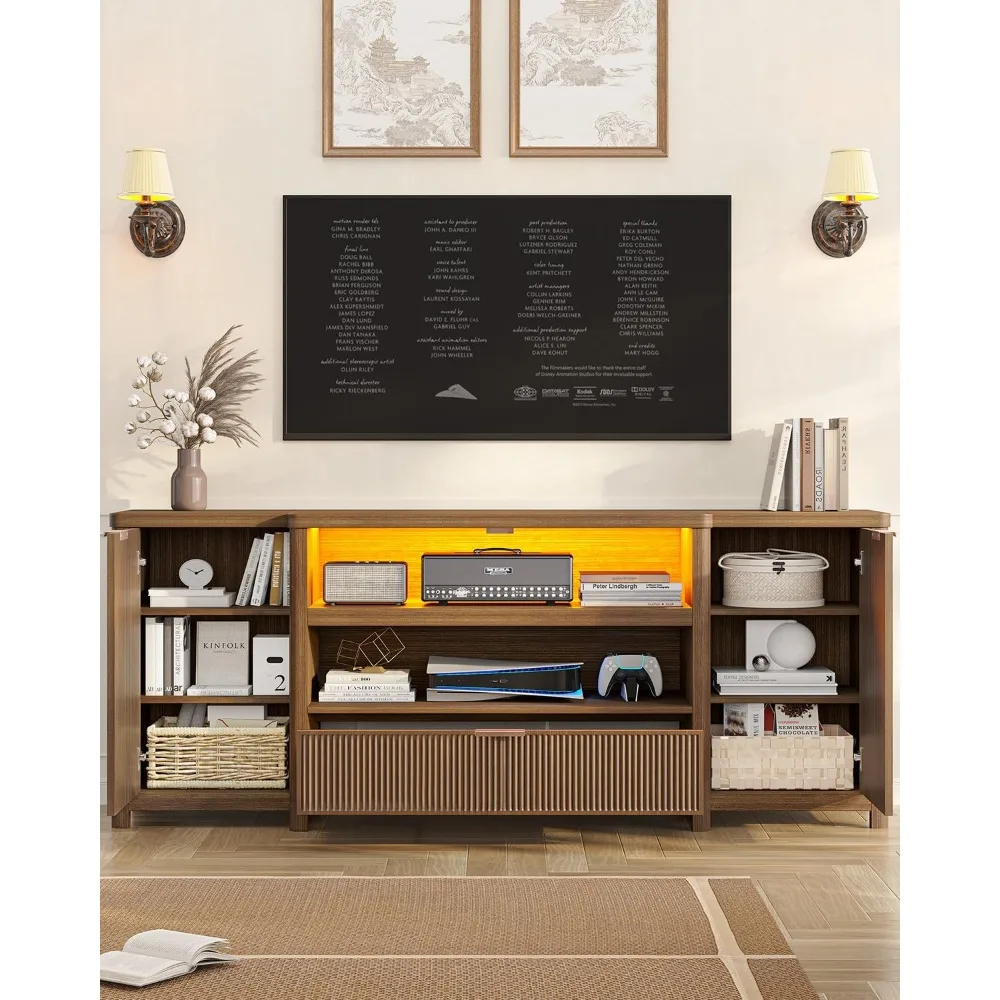 حامل تلفزيون مخدد لغرفة المعيشة، خزانة وحدة تحكم تلفزيون شديدة التحمل مقاس 71 بوصة مع مساحة تخزين ورف، تلفزيون حديث لمنتصف القرن