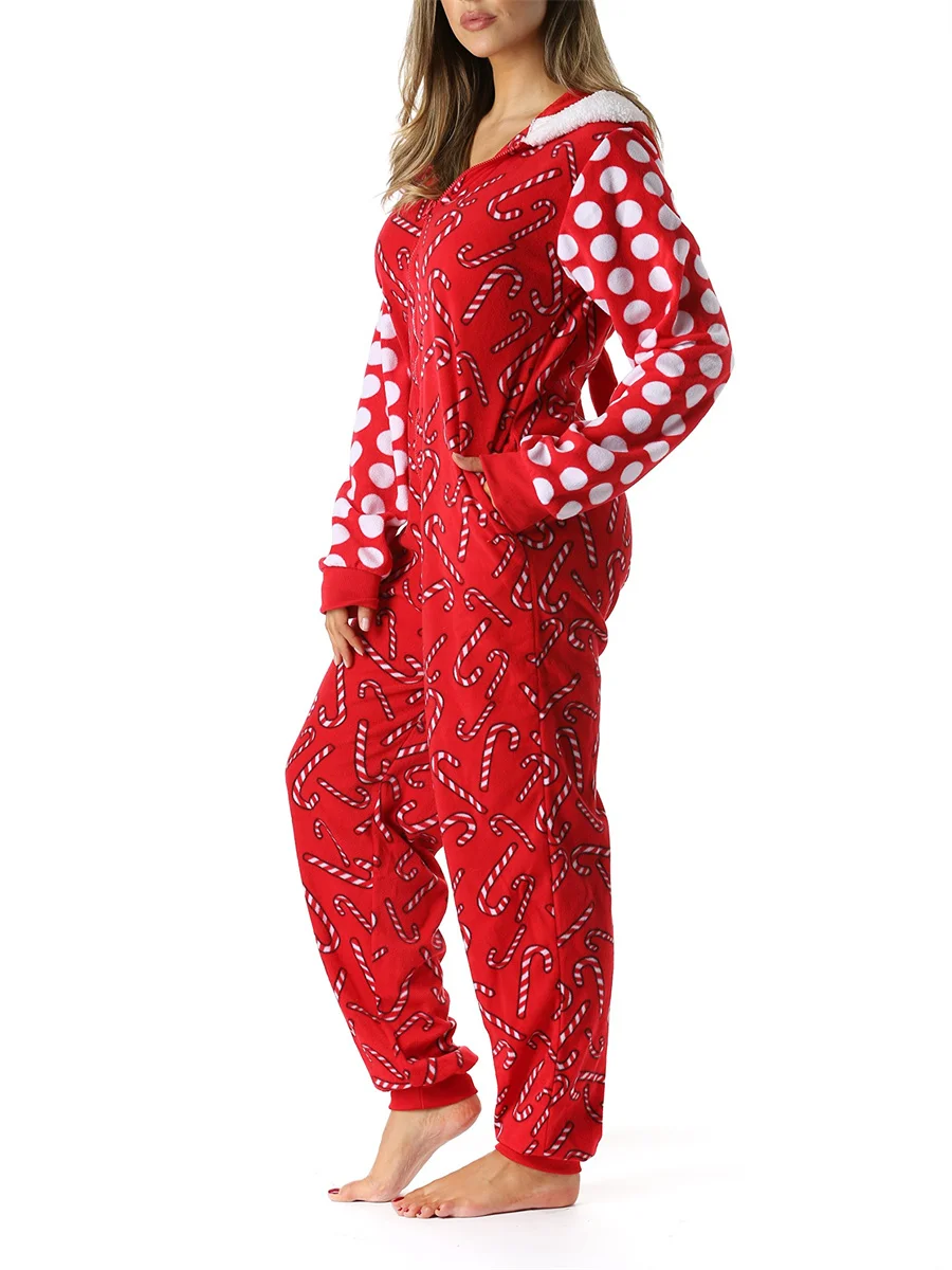 Women\'s Christmas Pajamas Romper Long Sleeve Zip Up Hooded Jumpsuit Sleepwear Holiday Costume