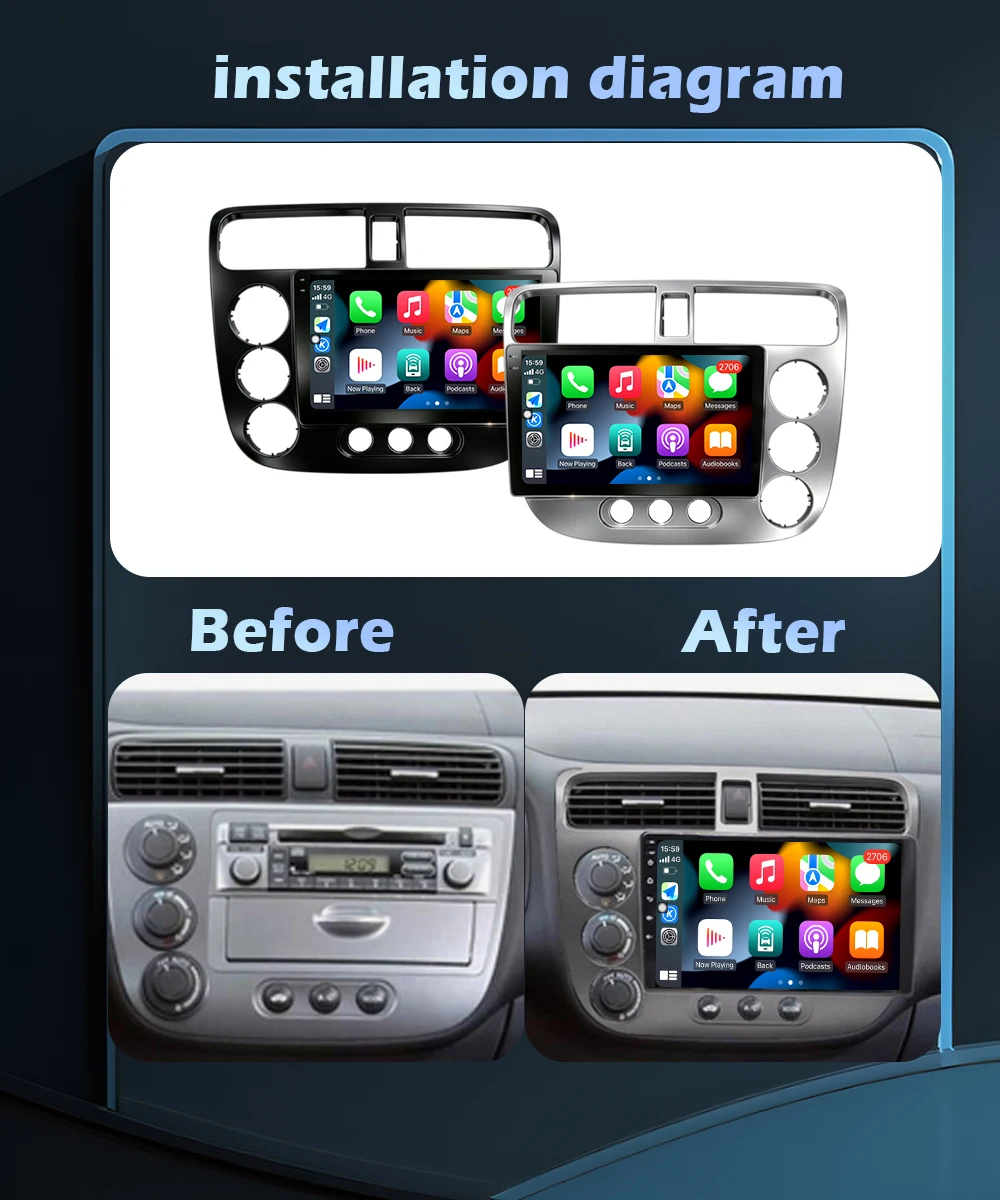 for Honda Civic 2000 - 2006 Car Radio Multimedia Video Player Android 16 Wireless CarPlay Navigation GPS 4G WIFI 9 inch Screen