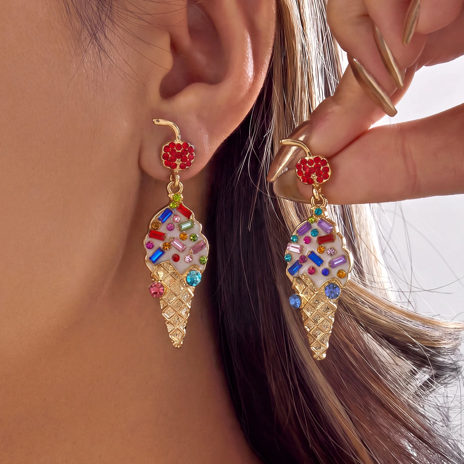 Funny Red Lipstick Shape Dangle Earrings For Women Sparkly Rhinestone Enamel Drop Earring Cosmetics Makeup Theme Jewelry Gift
