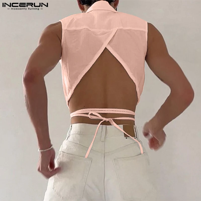 2023 camicia da uomo con risvolto senza maniche Solid Button Down Lace Up Backless Crop top uomo Streetwear Sexy Fashion Camisas S-5XL INCERUN