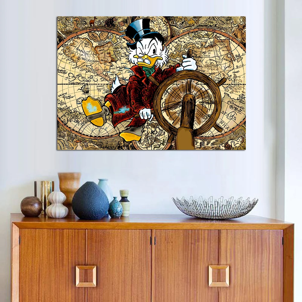 

The adventurer Scrooge McDuck Poster, Vintage Wall Art Canvas Painting Print, Global Travel Picture, Living Room Home Decoration