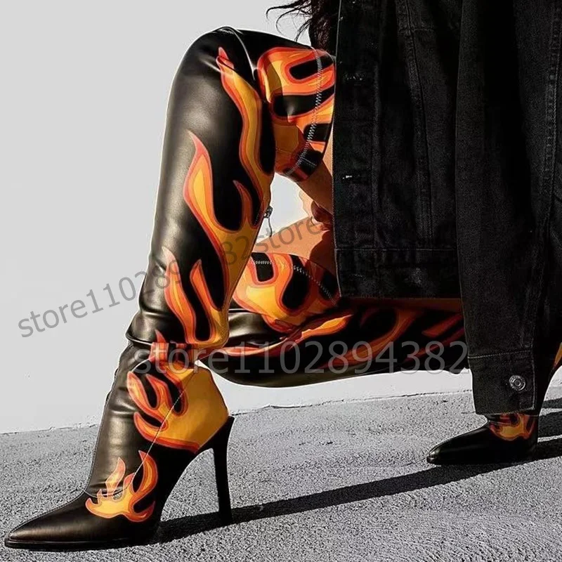 

Mixed Color Totem Print Pointed Toe Thigh High Boots Back Zipper Women Shoes Thin High Heels Novel Sexy 2023 Zapatos Para Mujere