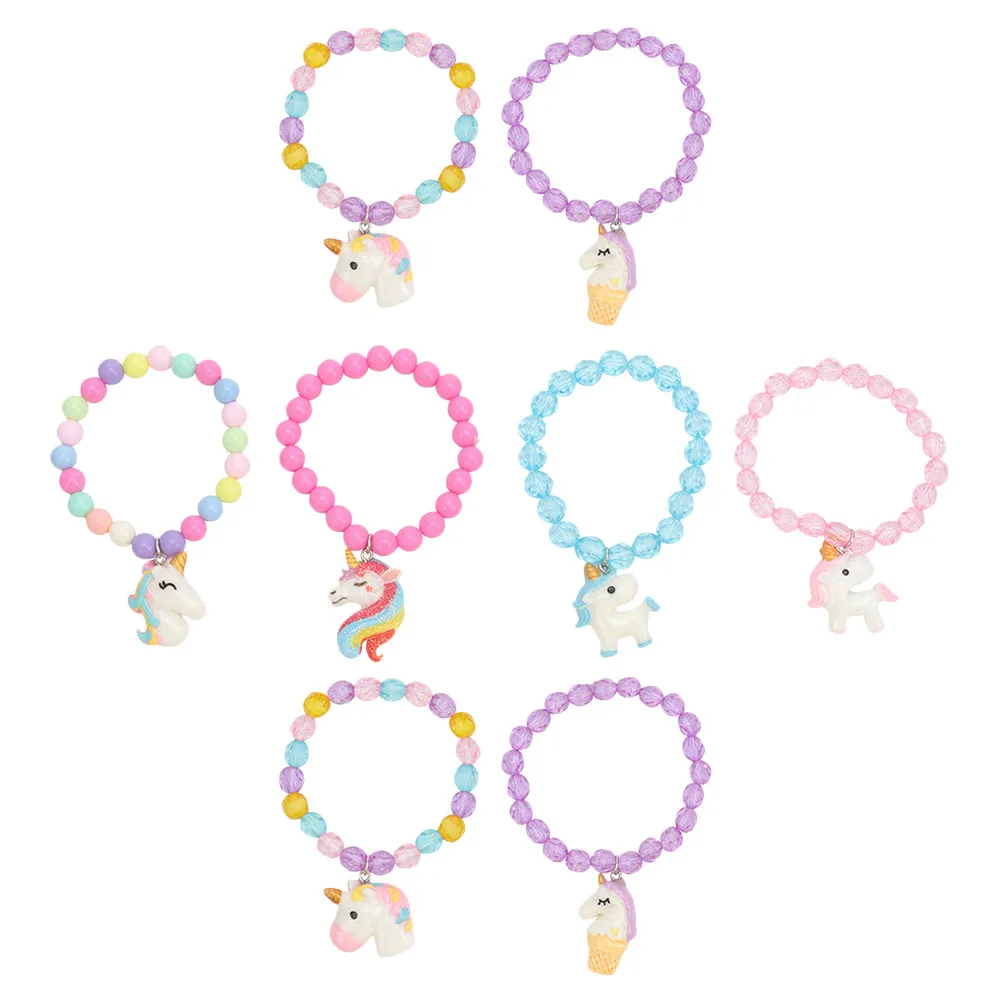 

8 шт. акриловых браслетов с бусинами в виде единорогов, разноцветные браслеты ручной работы для девочек, украшение для запястья на день рождения и праздники