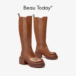 BeauToday Women Long Boots Genuine Horsehide Leather Waxing Round Toe Elastic Band Lady Platform Sole Shoes Handmade 01584