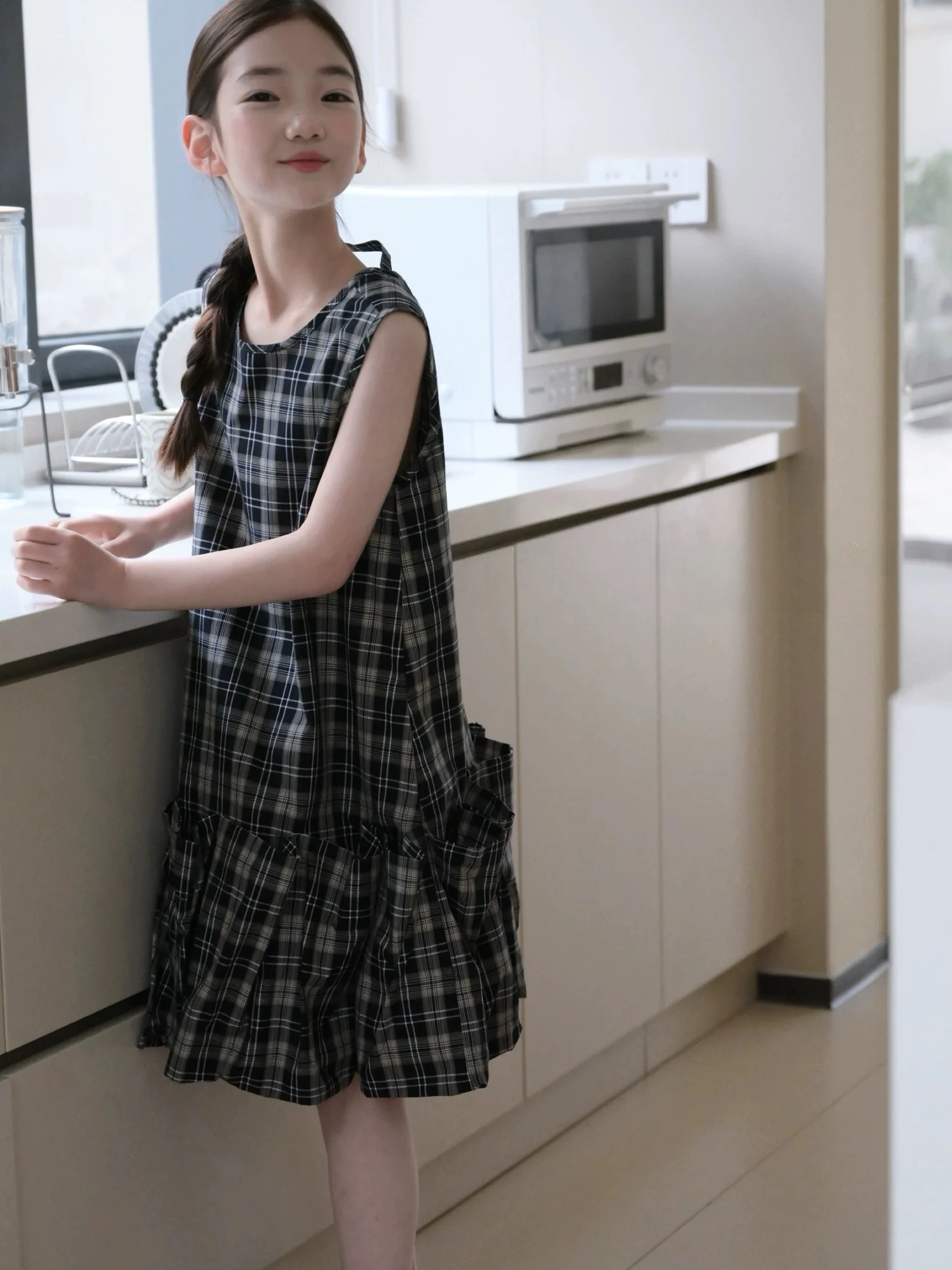 robe-d'ete-a-carreaux-pour-filles-style-coreen-tissu-doux-sans-manches-col-rond-taille-moyenne-jupe-longue-vetements-respirants-et-confortables