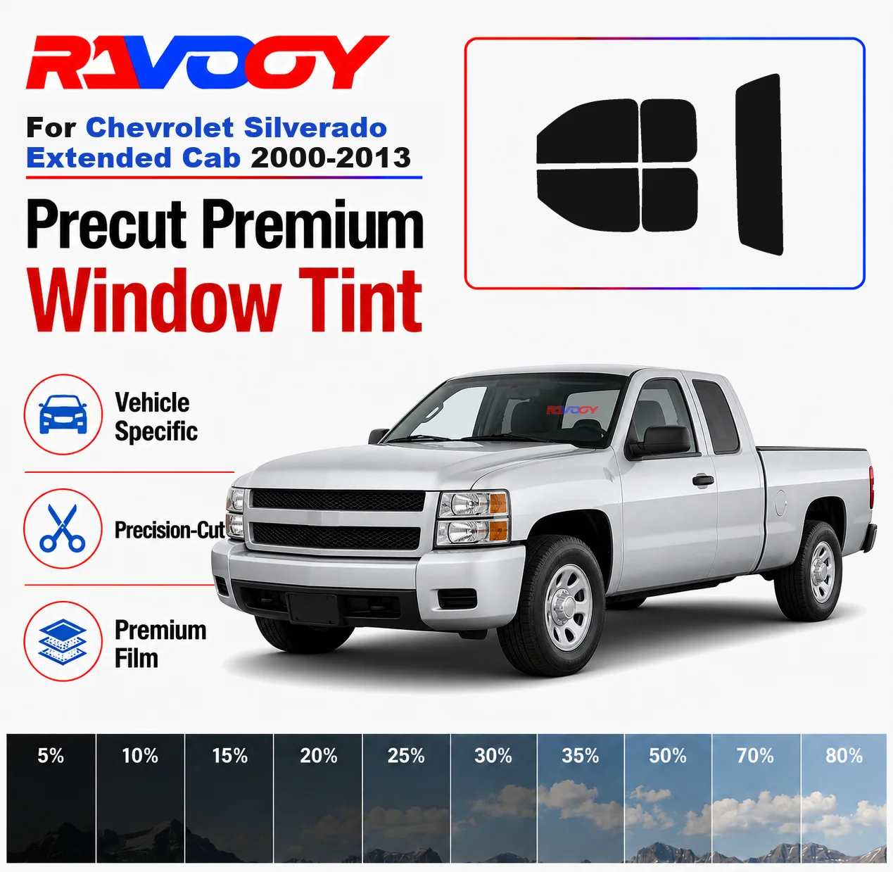 

Premium Precut Window Tint Kit Front Rear Windows For Chevrolet Silverado Extended Cab 2000-2013 Complete Set Nano Ceramic Film