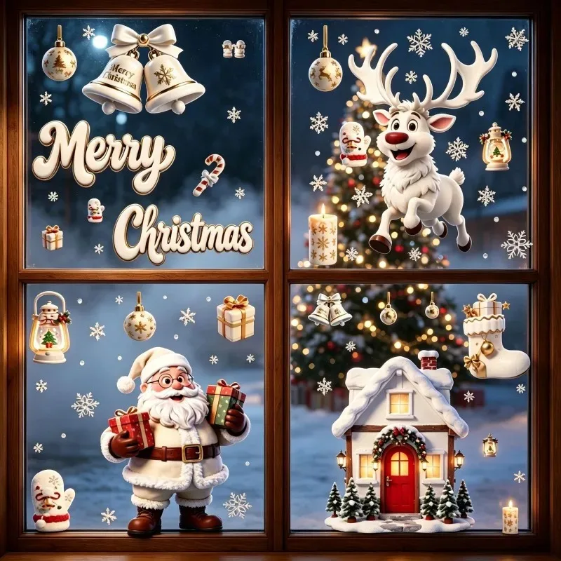 Festive Christmas Static Window Decals Santa Reindeer Snow House Waterproof Glass Stickers Store Window Holiday Party  Decor
