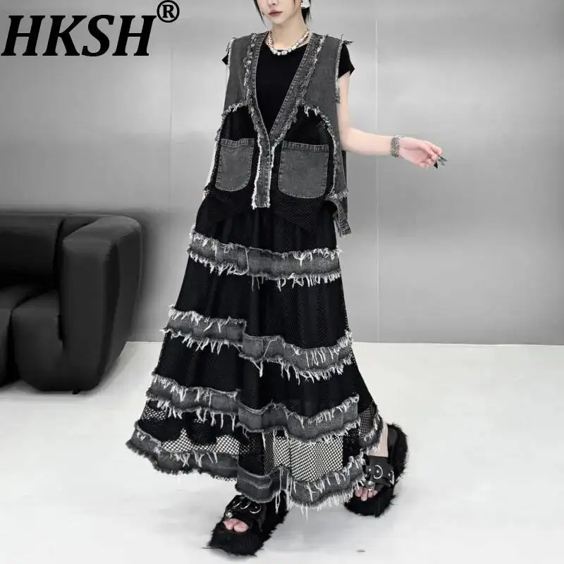 HKSH Women Set V-neck Mesh Patchwork Denim Pockets Chic Waistcoat Elastic Waisted A-line Distressed Retro Versatile Skirt K22173