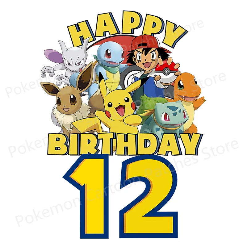 Autocollant thermocollant Pokemon Anime, patch thermocollant, vêtements pour enfants, joyeux anniversaire, cadeau de fête, appliques de transfert de chaleur, chiffres de 1 à 12 ans