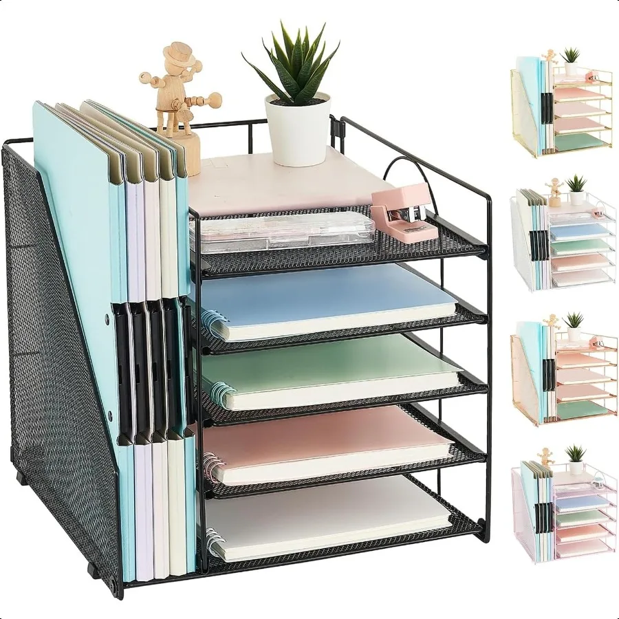 

Desk Organizer with File Holder 5 Trays Paper Letter Tray Organizer Mesh Desk Organizers and Accessories for Home Office Black