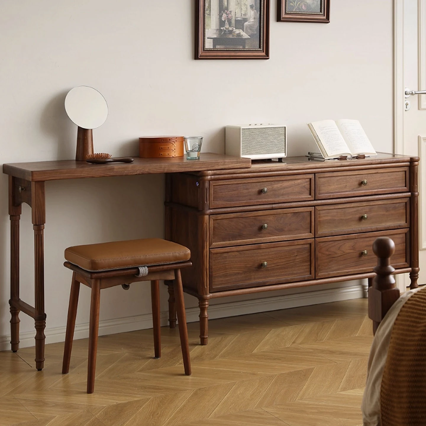 خزانة ملابس من خشب الجوز الأسود مدمجة، طاولة مكياج حديثة وبسيطة لغرفة النوم من الخشب الصلب الاسكندنافي بستة أدراج