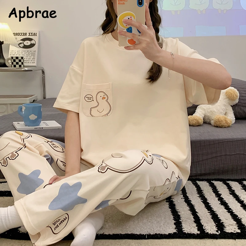 Leuke Eend Print Pyjama voor Vrouwen Katoen Vrouwen Pyjama Sets Korte Mouwen Lange Broek Cartoon Pijamas Koreaans Meisje Nachtkleding