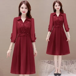 Fashion Cropped Sleeve Dress Women's Summer 2024 New High-end Mid-length New Chinese Waist Slim Mother Dress Lady