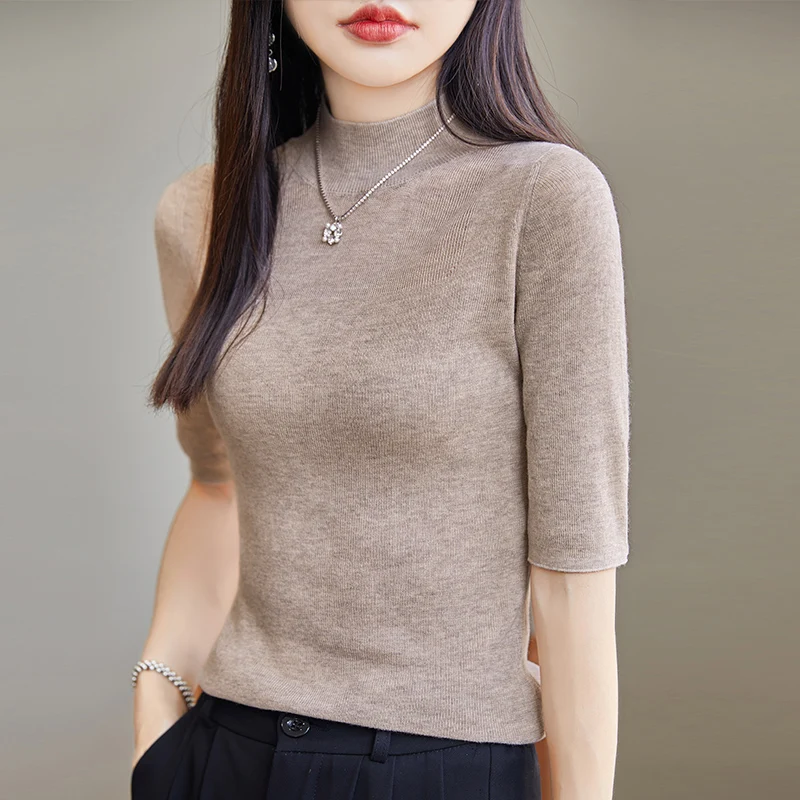 Hot Sale Superfine Wool Women\'s Sweaters And Pullovers 2024 Spring Female O-Neck Elastic Clothing Short Sleeve Soft Jumper Top