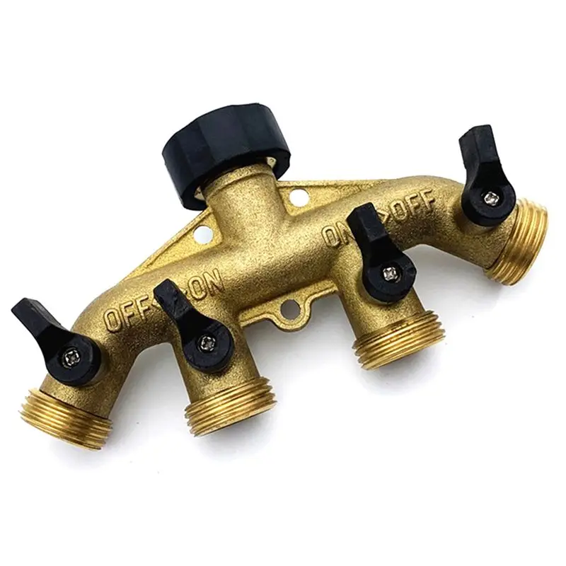 4 Way Brass Hose Manifold 3/4 Inch Garden Faucet Splitter Solid Brass Connector for Outdoor Water Distribution