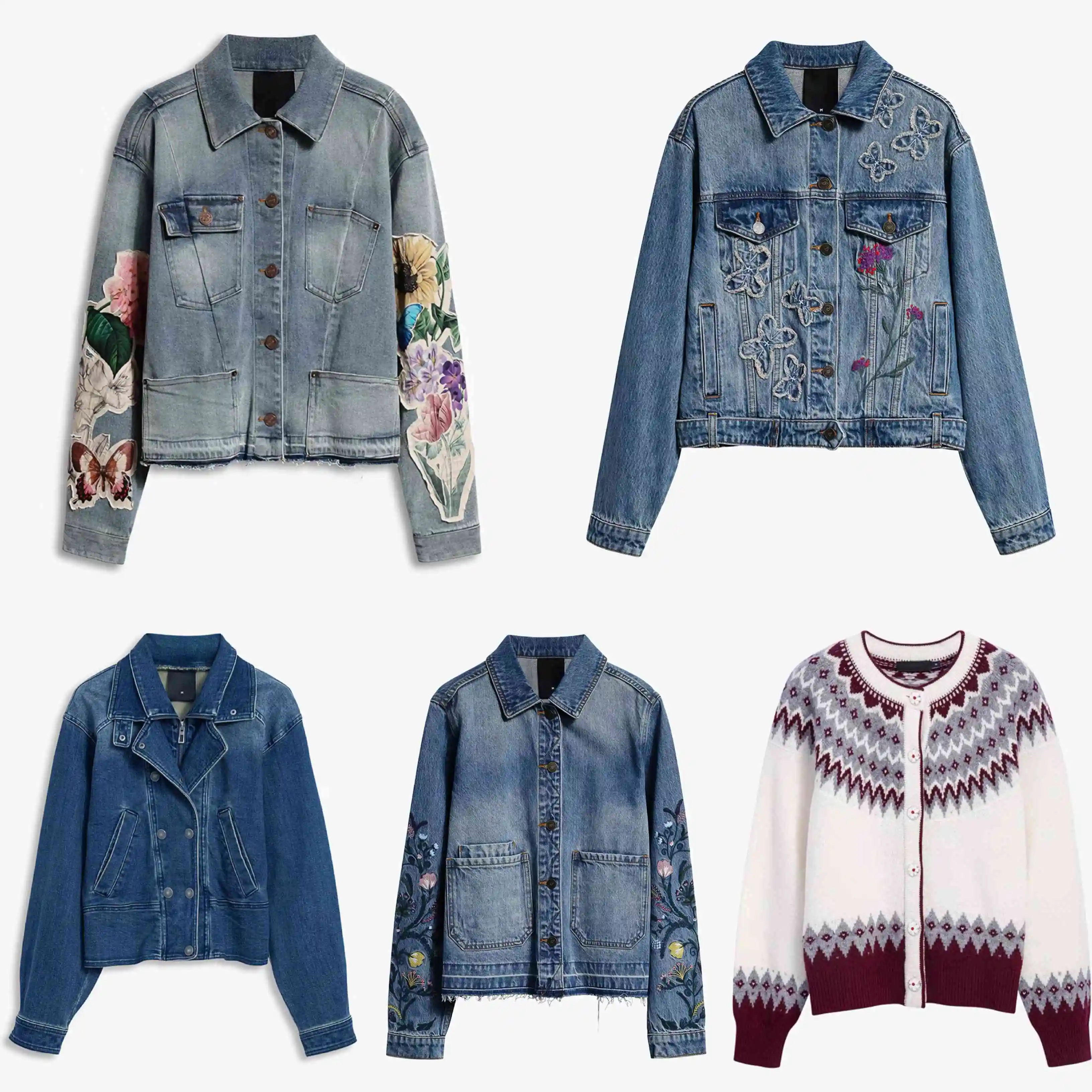 Foreign Trade Spain Original Women's Short Coat Embroidered Flower Splicing Denim Jacket New Product