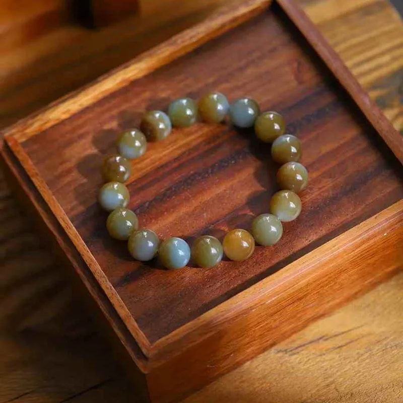 Natural Hetian Qie Mo Old Material Floating Sugar Color Round Bead Men And Women Jade Bracelet