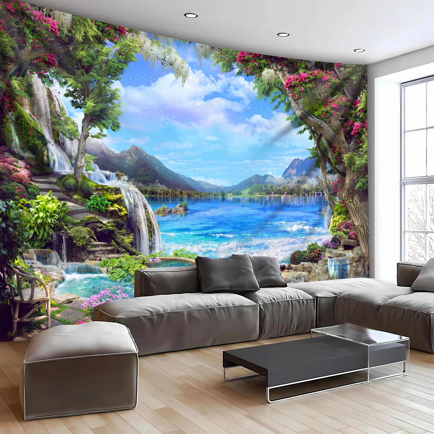 

[2D Flat Printing] 1Pc Ultra Large Size Waterfalls Trees Lake Scenery Landscape Photo Background Cloth Wall Large Size Polyester