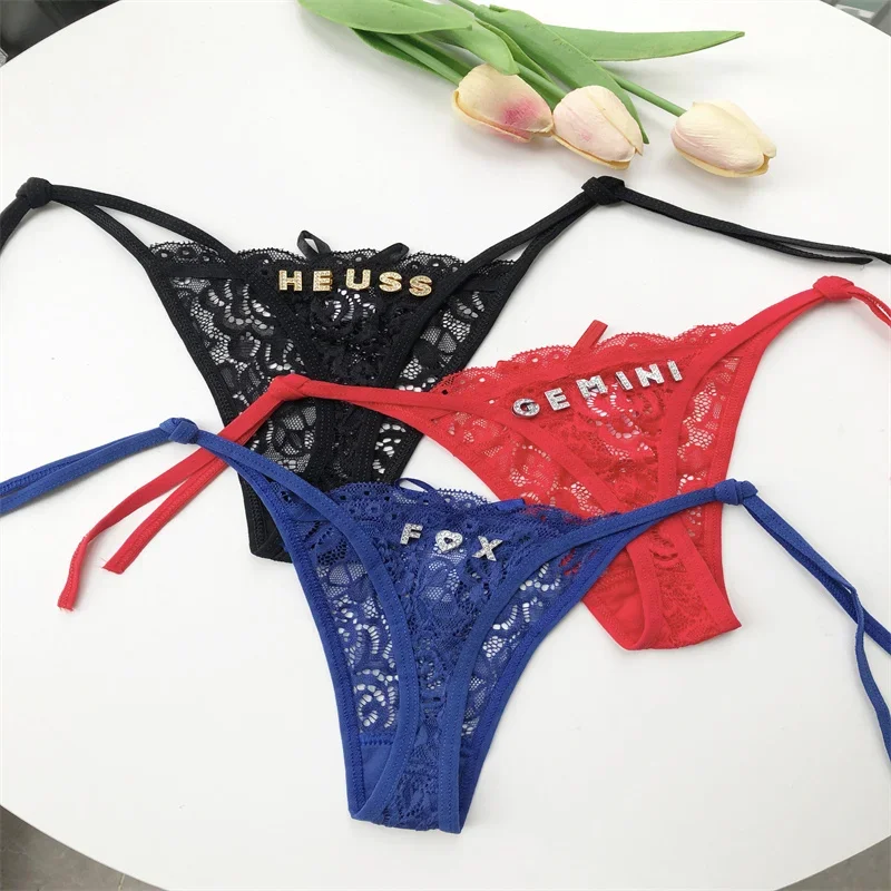 Personalized Customized Thongs Crystal Letter Name Sexy Women\'s Lace Panties Lumbar Adjustment G-String Low Waisted Underwear