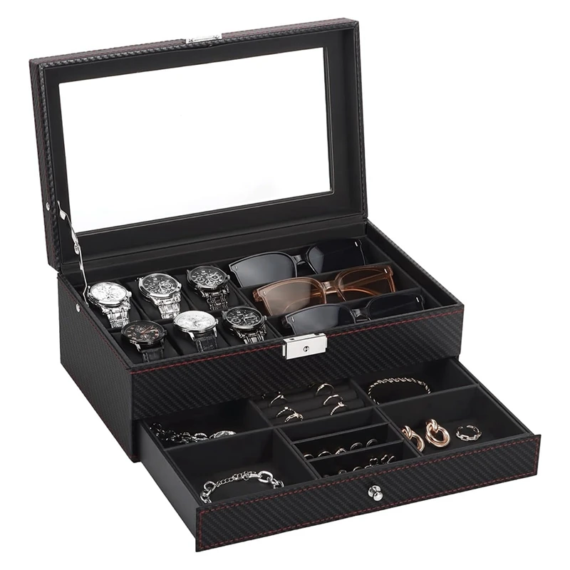 

AT35 Watch Box, Mens Jewelry Box With 6 Slot Watch Case & 3 Slot Sunglasses Organizer, 2 Layers Lockable Watch Holder