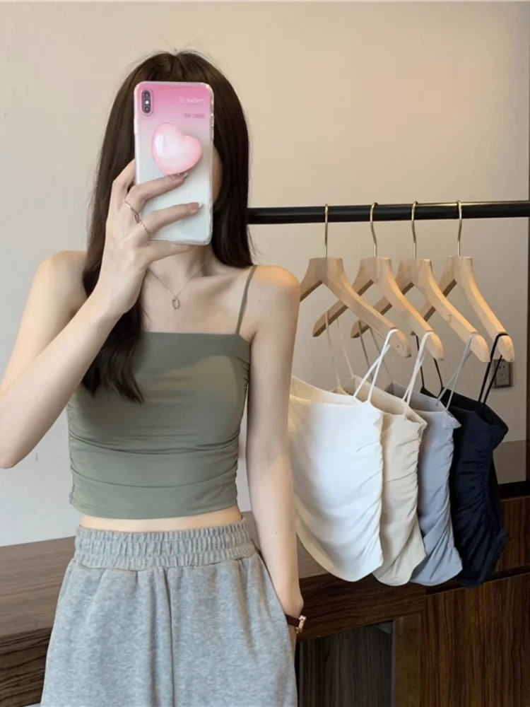 Ice Silk Strap Vest Women Summer Inner Match Tube Top Underwear Beautiful Back Integrated Chest Pad Outer Wear Bra Top Base