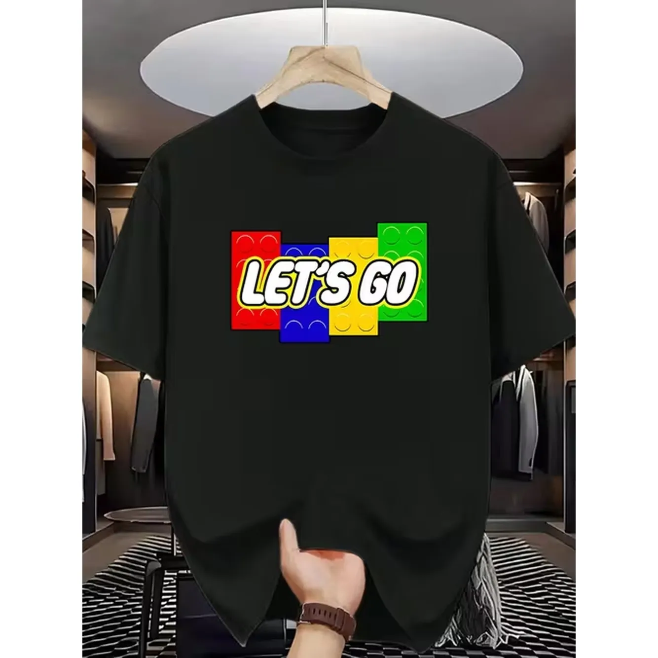 item picture mens t shirt featuring lets go with logo print a stylish casual tee with retro gaming architecture design machine washable comfortable round neck shirt with 2 short sleeves