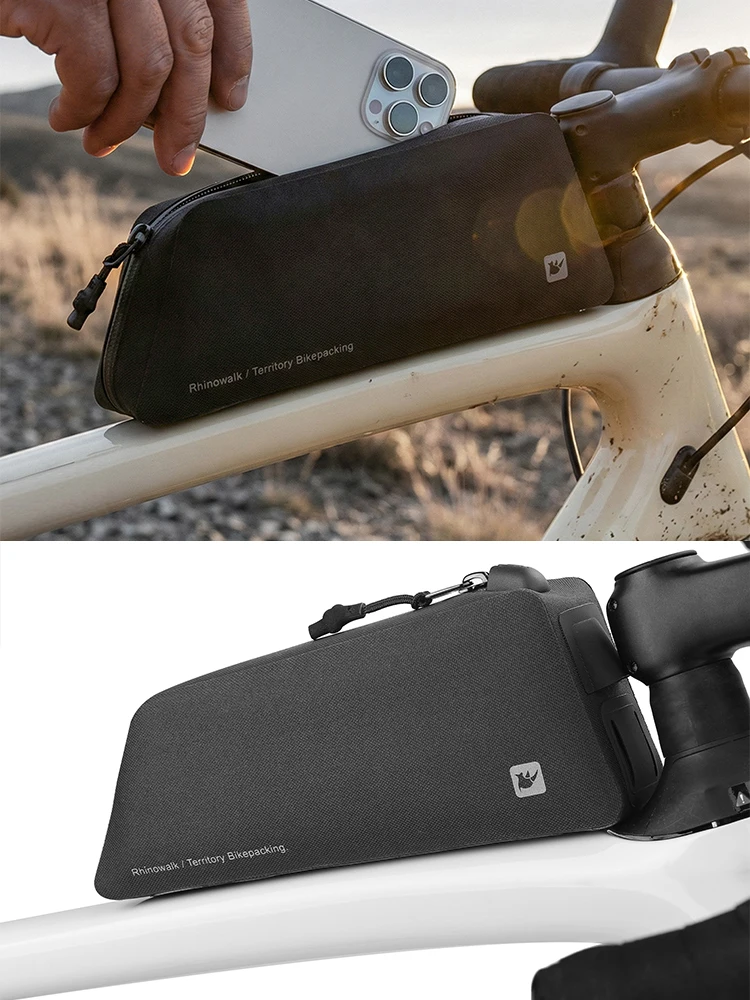 Rhinowalk Bike Top Tube Bag Waterproof Screw or Strap Mount 1L Cycling Frame Bag Phone for MTB Road Gravel Bicycle Backpacking