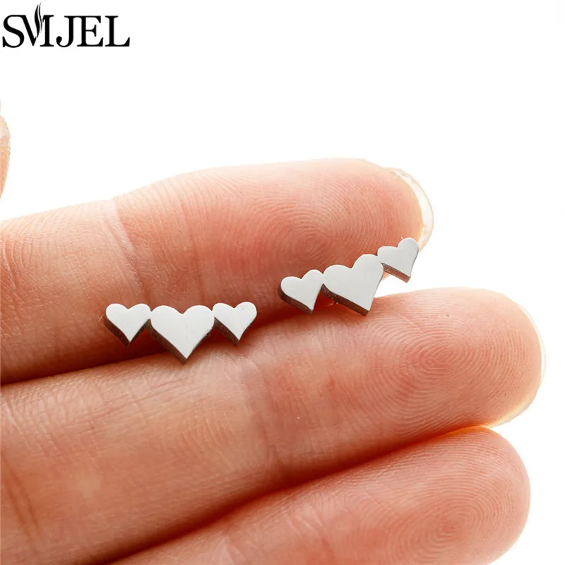 Mini Stainless Steel Triple Heart Stud Earrings for Women Gold Color Love Wedding Earings Romantic Ear Jewelry Pendientes Mujer