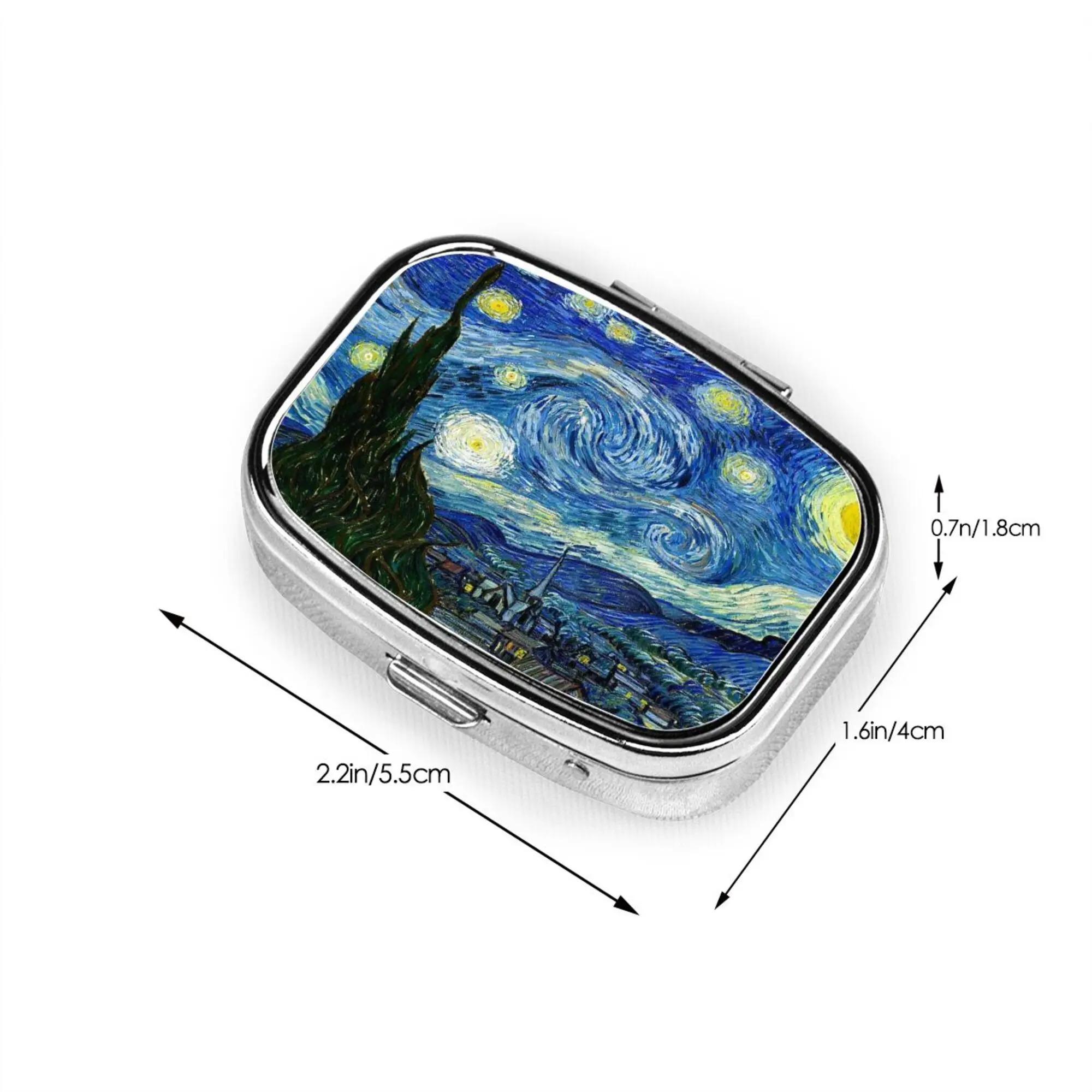 Van Gogh Starry Night Pill Box 2 Compartment Medicine Pill Case Portable Metal Medicine Vitamin Organizer Decorative