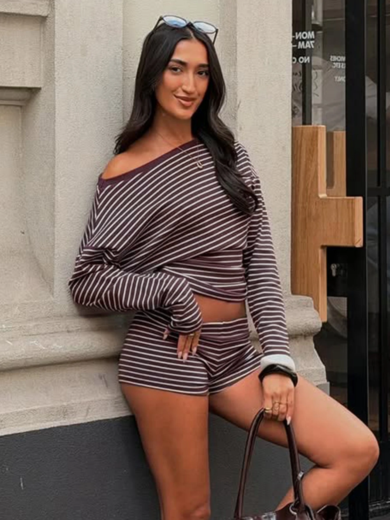 Hugcitar Fashion Striped Print 2 Piece Sets Long Sleeve Sexy Crop T-Shirt Top Shorts Autumn Women Clothes Streetwear Party Club