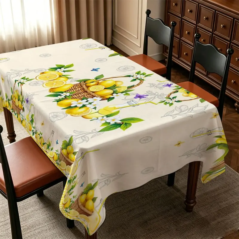 1pc,Spring Dining Tablecloth Featuring Lemons & Baskets with White Flowers & Butterflies, Cute Cottagecore Style for Kitchen & Family Gathering