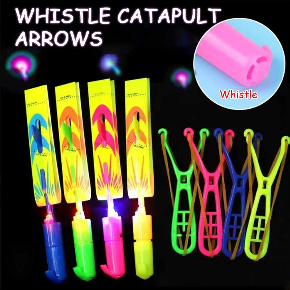 Flying Toys 10Pcs LED Arrow Helicopters + 10Pcs Launchers Glow in Dark Rocket Helicopter Toys Luminous Slingshot Toys for Kids