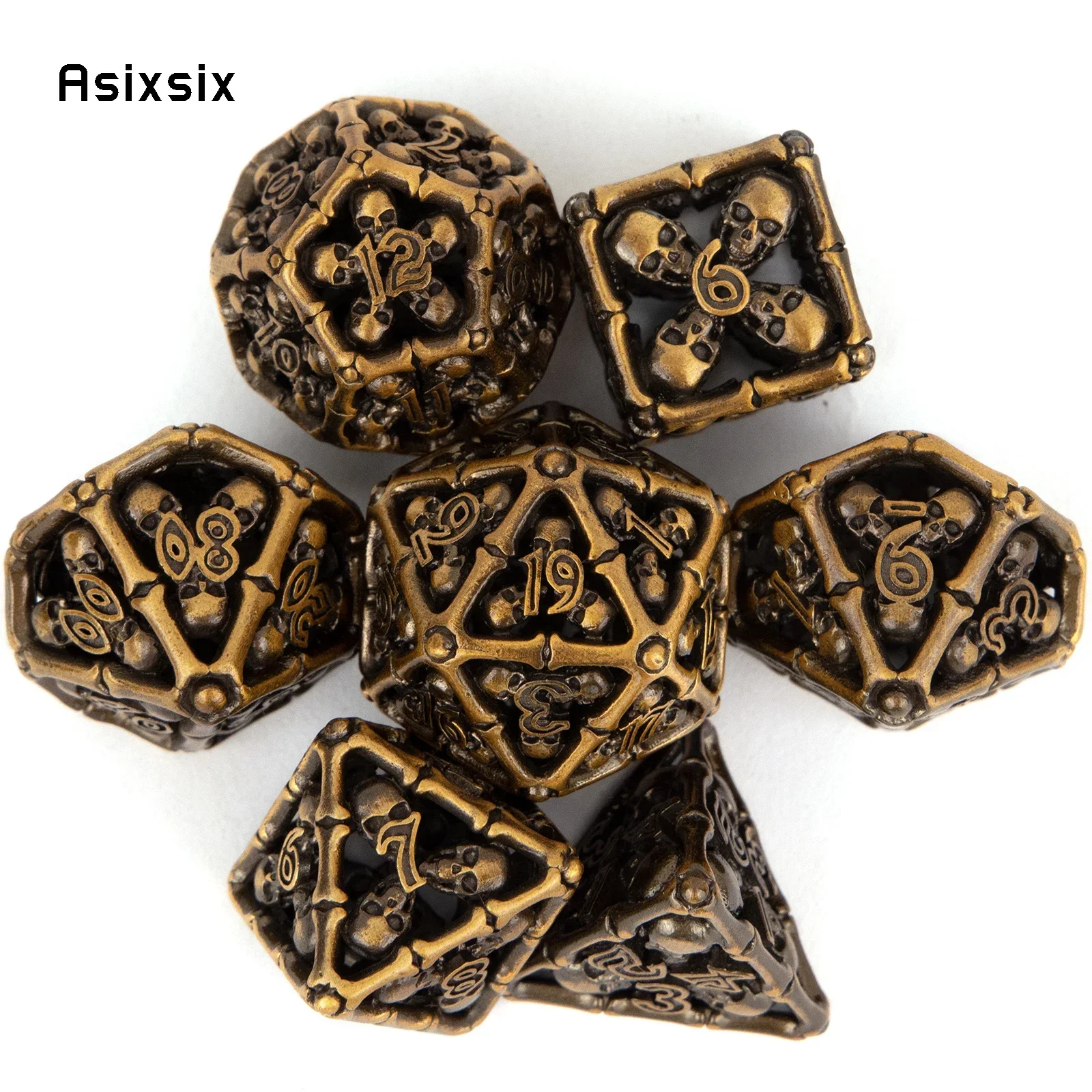 

7 Pcs Orange Skull Metal Dice Hollow Metal Polyhedral Dice Set Suitable for Role-Playing RPG Board Game Gift