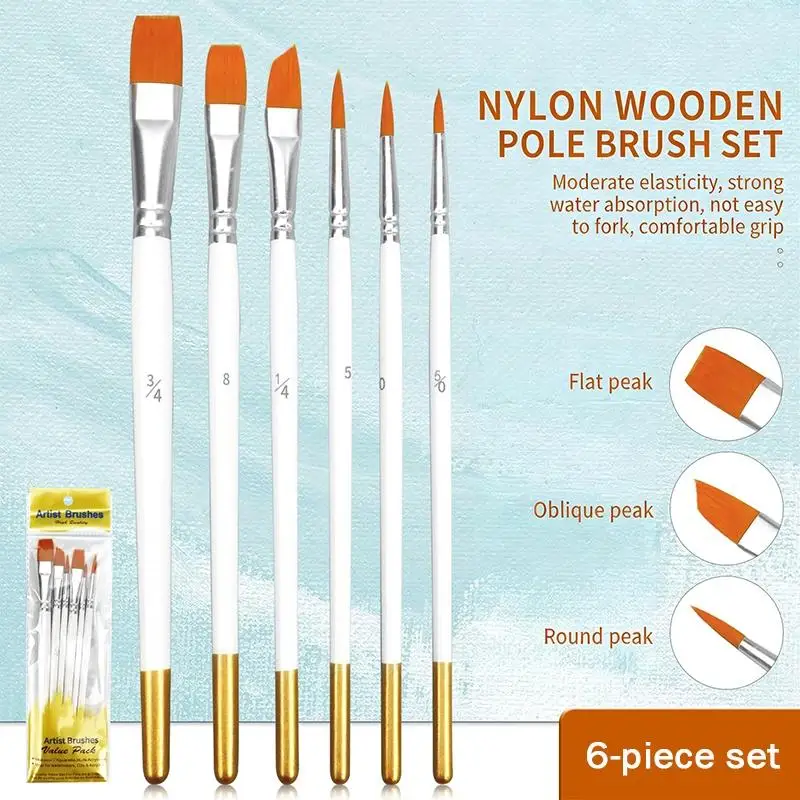 6pcs Acrylic Oil Watercolor Paint Brushes Nylon Artist Set Durable Easy Clean for Art Students Painting Home Studio Use