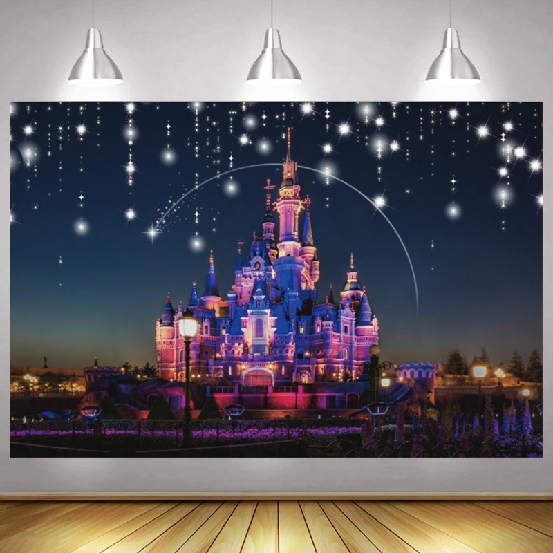 Disney Princess Castle Backdrop Kids Birthday Party Dreamy Glitters Night Scene Photo Background Cloth Decorations Banner Props