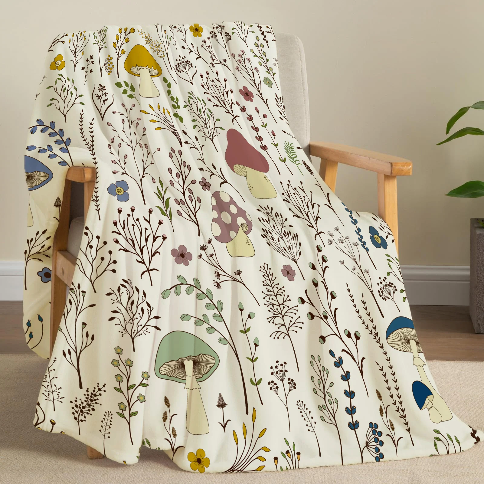 Soft & Warm Flannel Throw Blanket - Cozy Mushroom Pattern Lightweight for Couch, Bed, Travel, and Office Use - Perfect Gift Idea