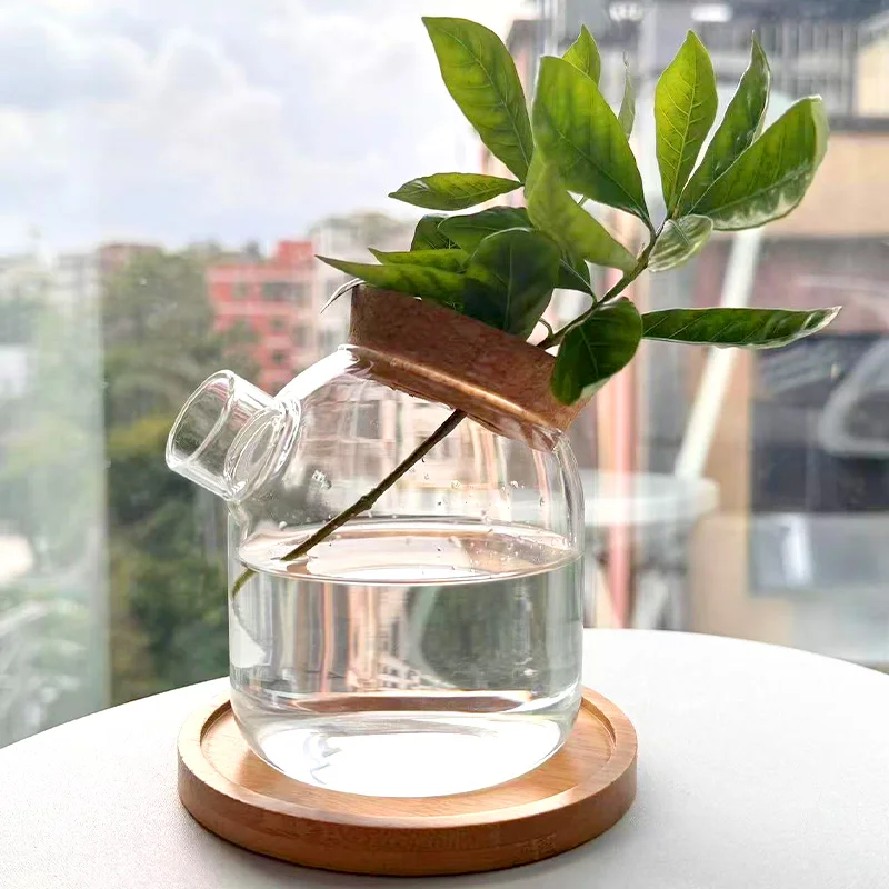 Glass Small Vase Transparent Hydroponic Plant Vase With Bamboo Tray Home decoration Planting Green Plants Small Flower Bottle