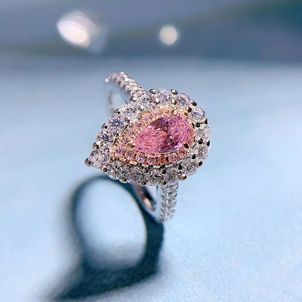Yaranyan Classic 925 Sterling Silver 4*7 MM Pear Pink Sapphire High Carbon Diamonds Gemstone Women Ring Engagement Fine Jewelry