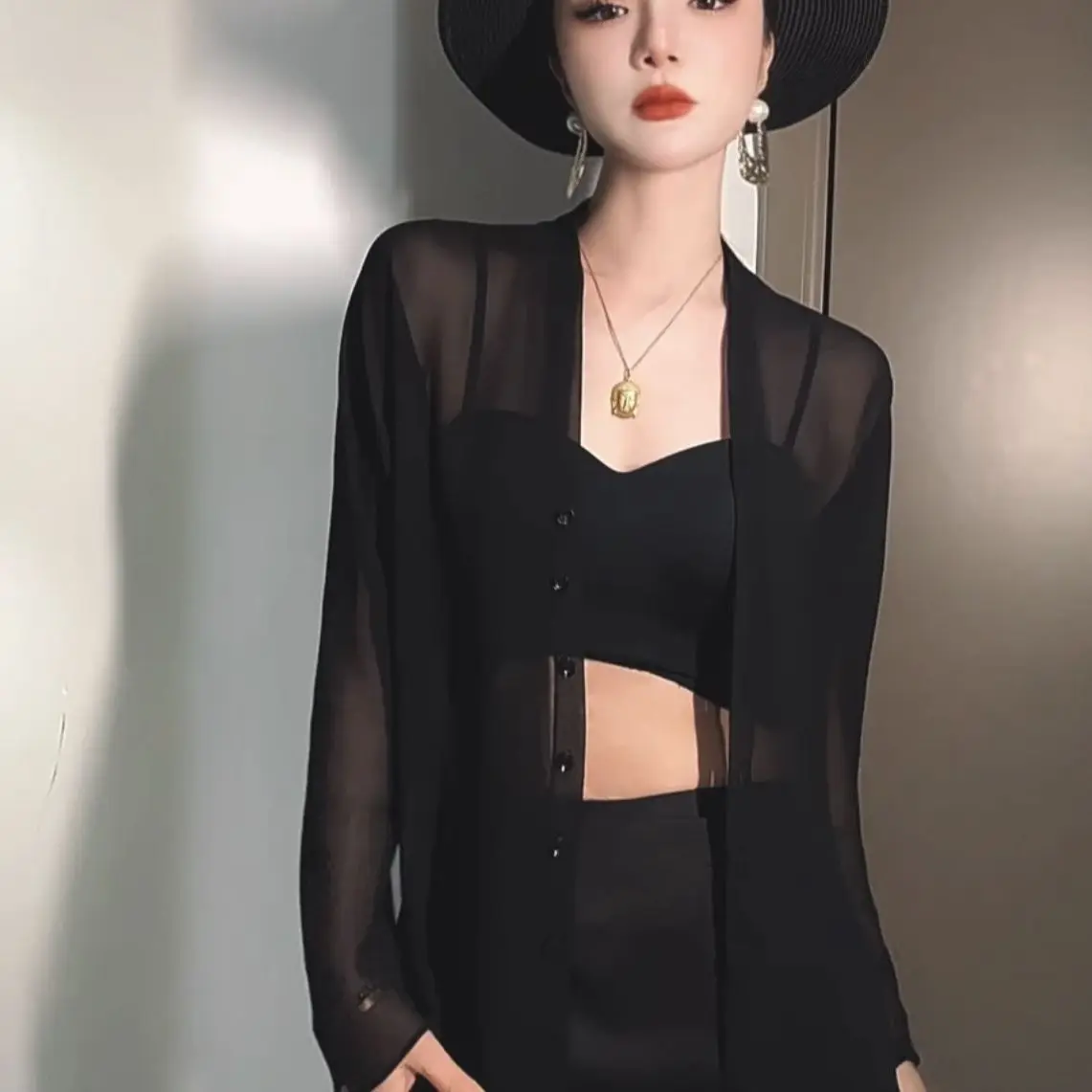 

Summer Ultra-Thin V-Neck Chiffon Blouse Women 2025 New Sun Protection Open Cardigan Loose Mesh Shirt