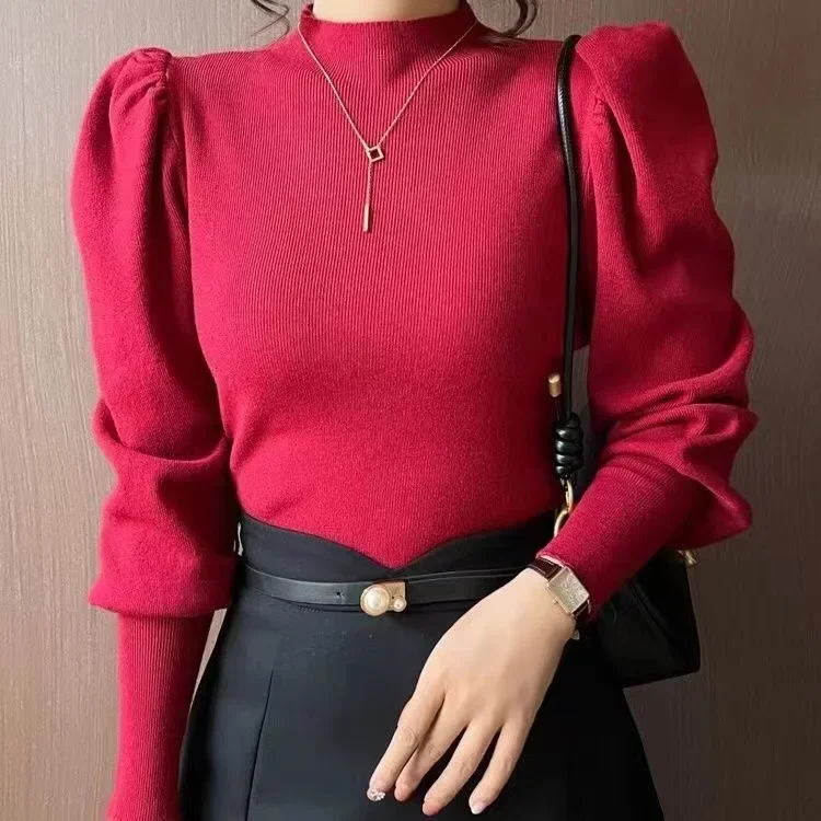 البلوز متماسكة القمم تريكو سترة المرأة محبوك قمصان الخريف الشتاء موضة الإناث الصلبة مطاطا عادية نحيل البلوزات ضئيلة #4