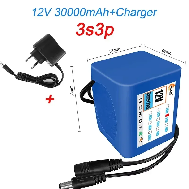 12V 50Ah 18650 Lithium Battery Pack 3S5P Rechargeable Battery with BMS 12.6v Charger for Fishing Bicycle Large Capacity Battery