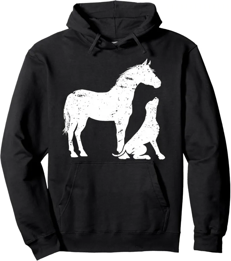 

HORSE DOG Retro Motif for Women and Men Clothing Horse Dog Lover Pullover Hoodie Steed Sweater Horse Year Christmas Hoodie