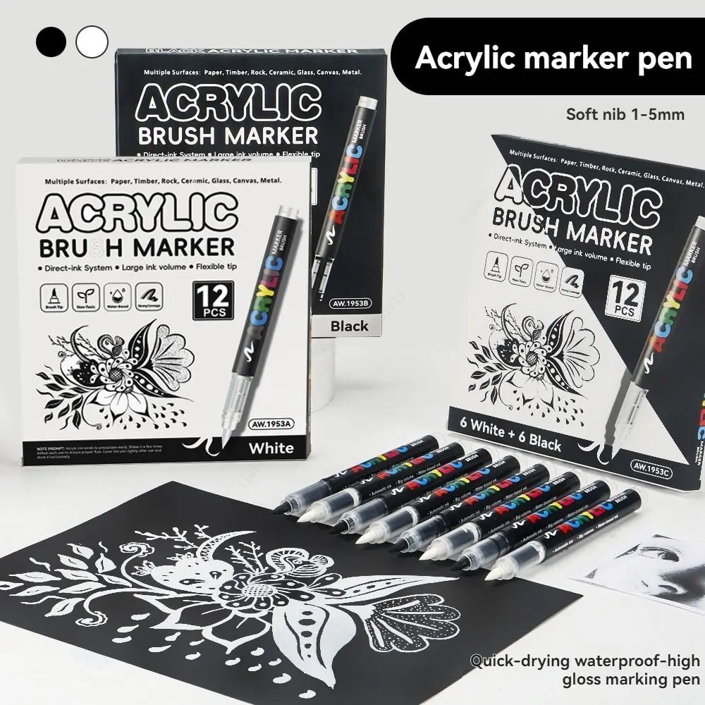 12Pcs/Box Black/White Acrylic Marker Pen Quickly Dry Waterproof Acrylic Paint Markers DIY Soft Tip Direct-Liquid Ink Marker