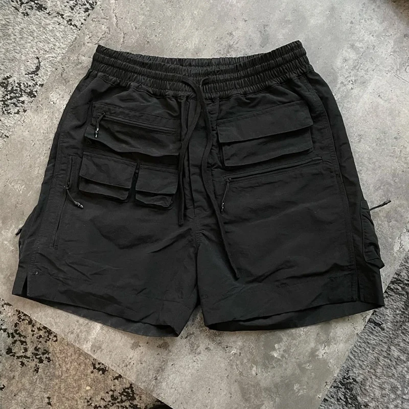 Trendy Mens Mutli Pockets Cargo Shorts Summer Vintage Drawstring Tie-up Loose Shorts Y2K Fashion Men Solid Color Straight Shorts