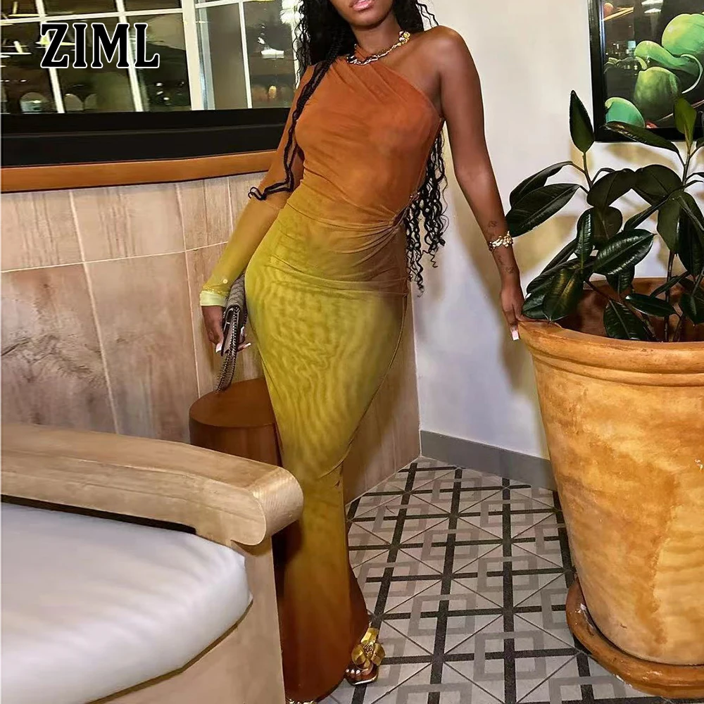 

ZIML Gradient Color Sexy Slimming Dress for Women Diagonal Collar One Shoulder Sleeve High Wiast Temperament Dresses Female New