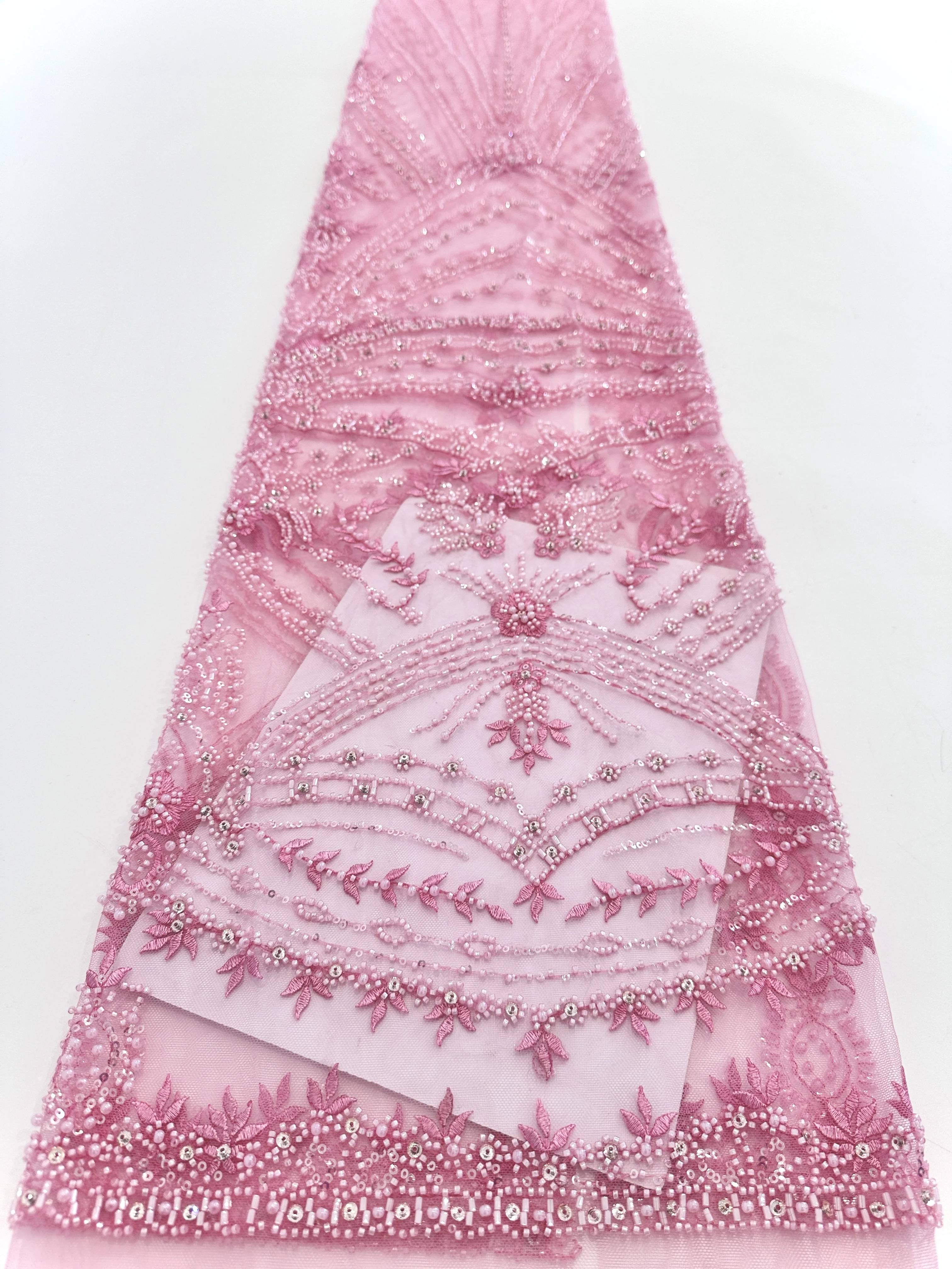 

Luxury African Sequins Beaded Lace Fabric 2025 High Quality Lace 5 Yards Pink French Lace Fabric Nigerian Net Lace Fabrics Party
