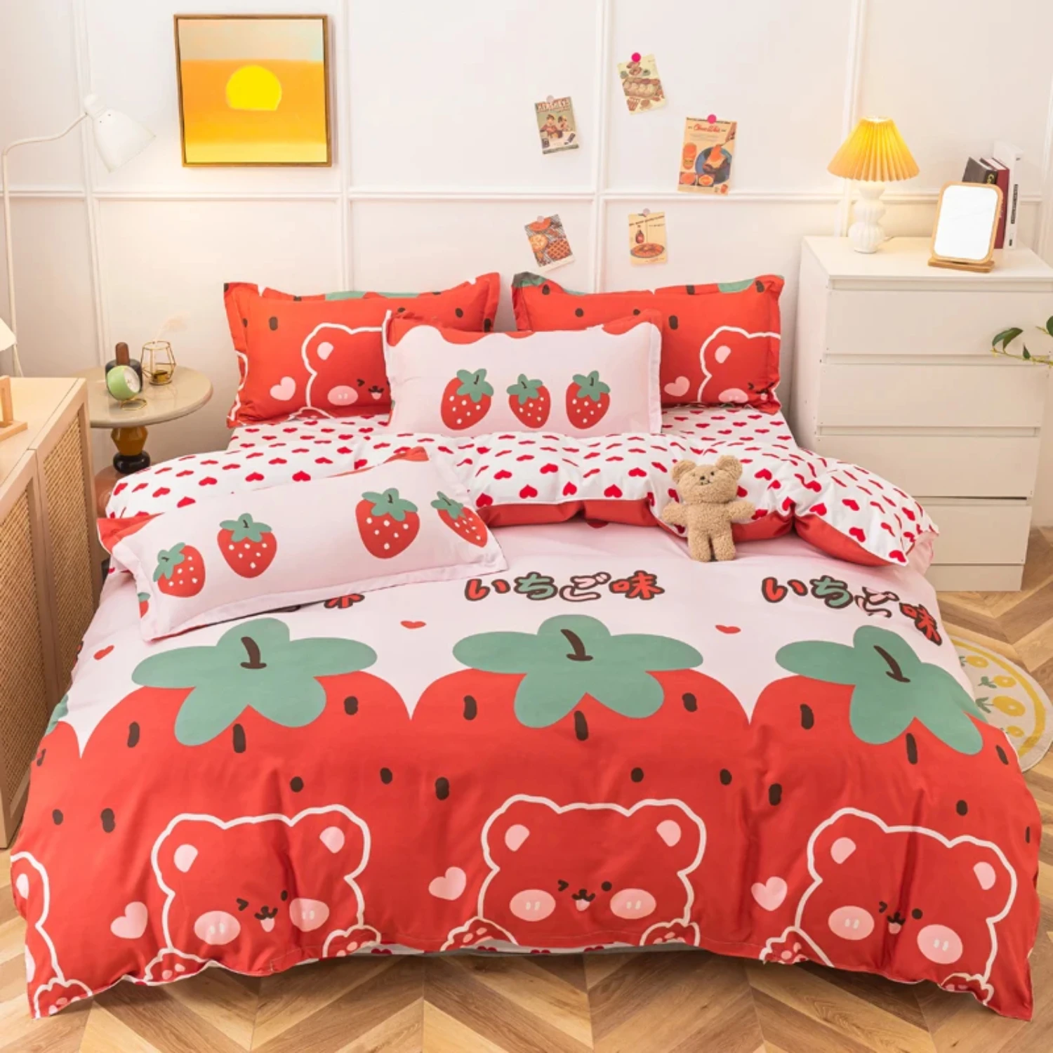 Strawberry Bedding Set Double Sheet Soft 3/4pcs Bed Sheet Set Duvet Cover Queen King Size Comforter Sets    Child